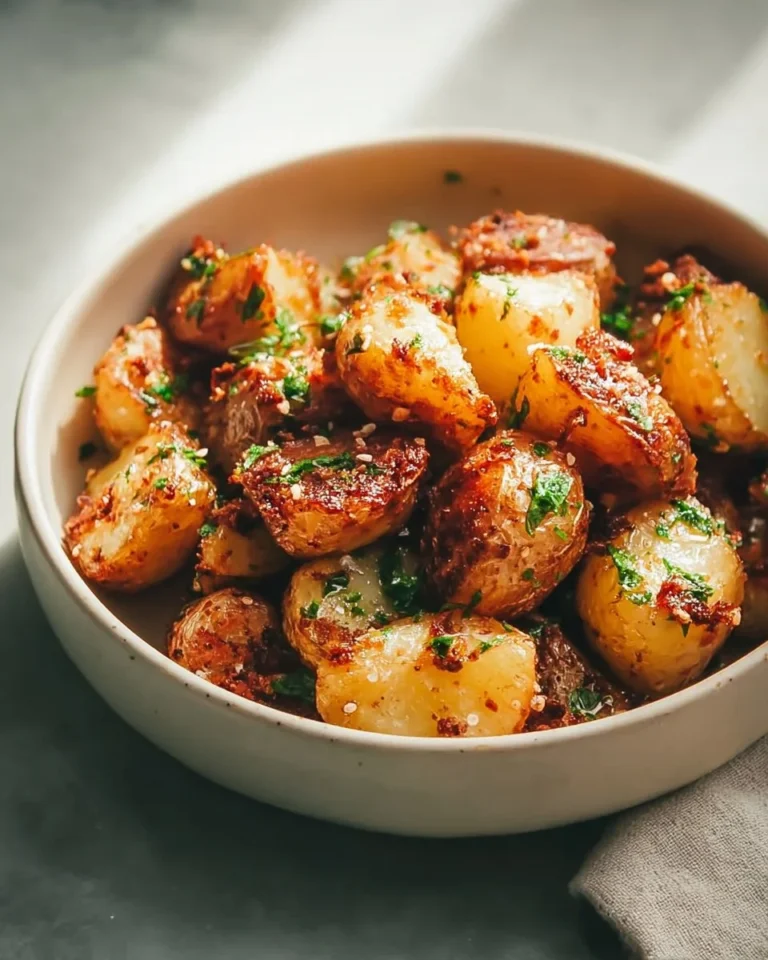 Crispy Parmesan Garlic Roasted Potatoes served in a bowl with herbs