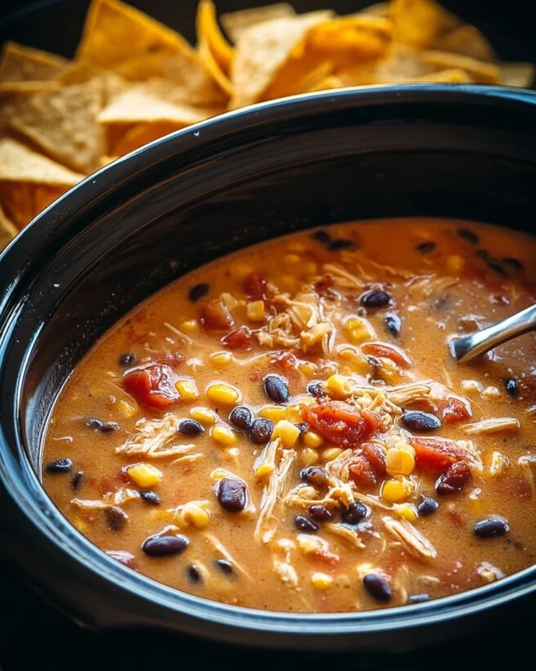 Crockpot Chicken Tortilla Soup garnished with tortilla strips and cilantro