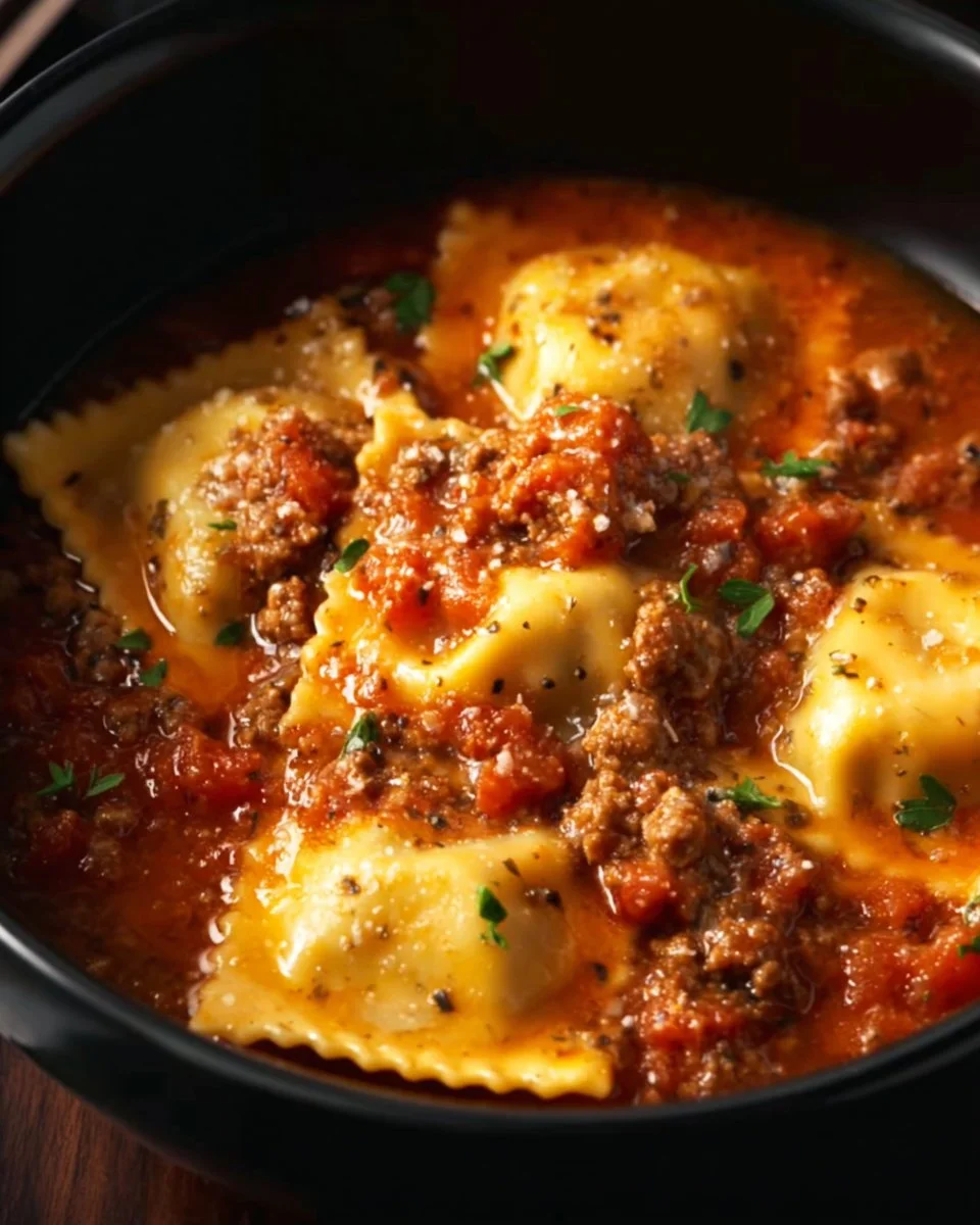 Crockpot Ravioli Lasagna served with melted cheese and fresh herbs.