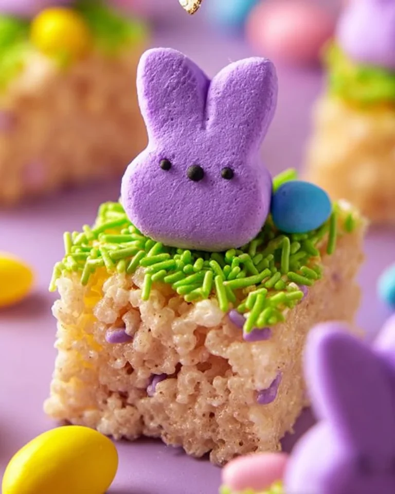 Colorful Easter Rice Krispie Treats decorated with Marshmallow Peeps