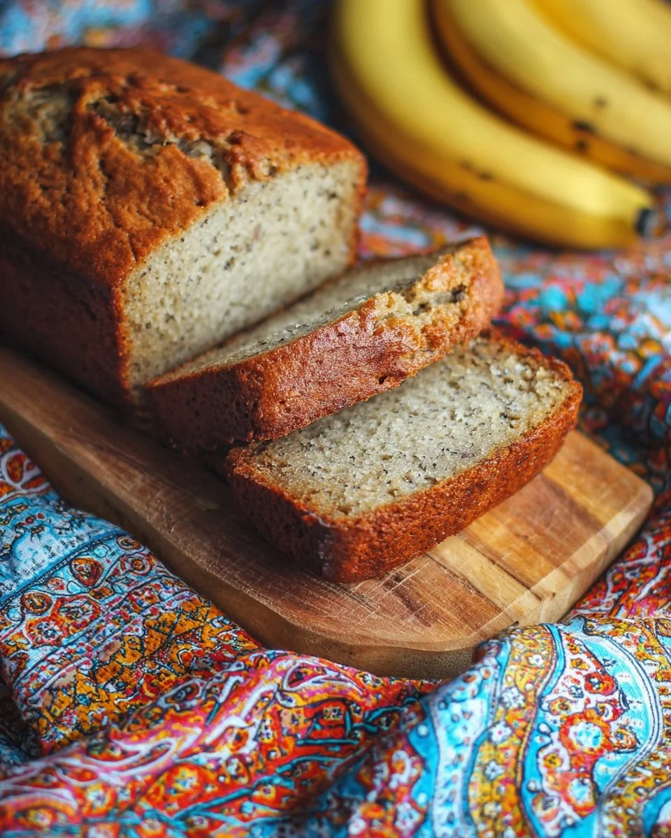Slice of homemade banana bread on a wooden cutting board