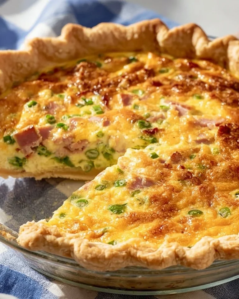 A delicious ham and cheese quiche served on a platter, garnished with herbs