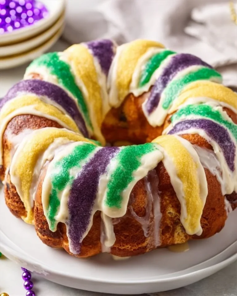 Delicious Easy King Cake decorated with colorful icing and a hidden baby figurine.