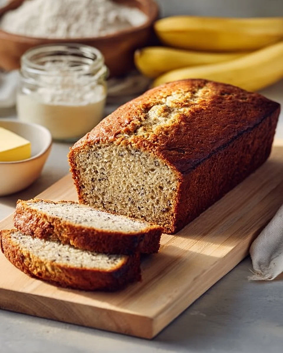 Slice of easy moist banana bread on a wooden cutting board