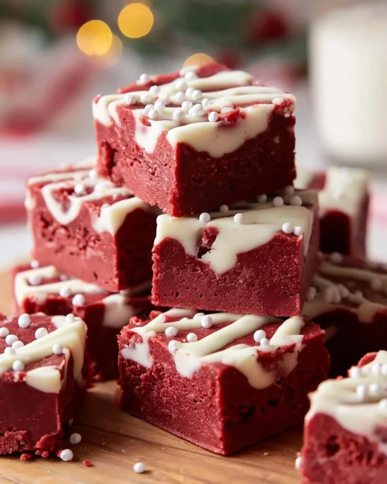 Delicious easy red velvet fudge squares on a marble table.