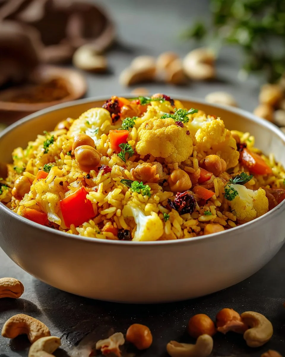 Easy vegan biryani served in a bowl with colorful vegetables