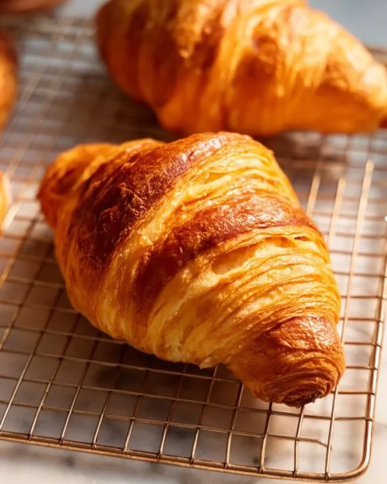 Freshly baked flaky croissants on a wooden table