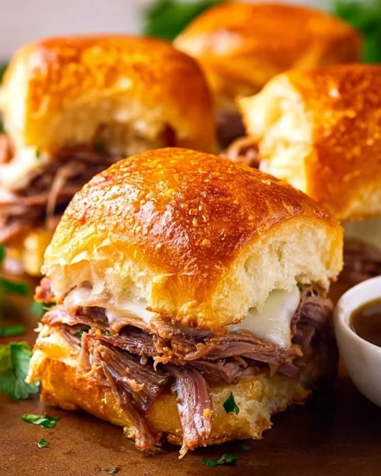 Savory French Dip Sliders served with beef, cheese, and dipping sauce