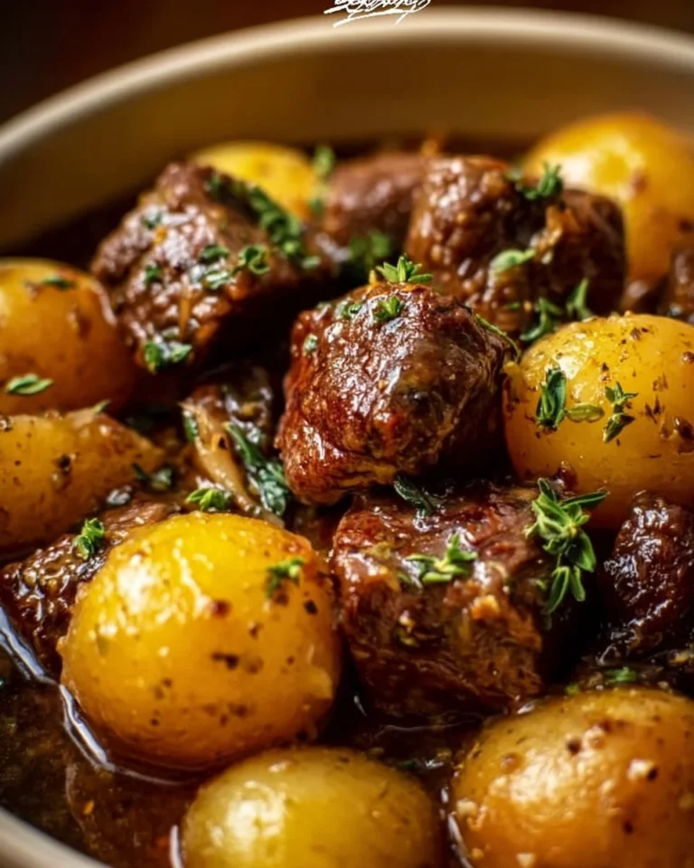 Garlic Butter Beef and Potatoes dish topped with herbs.