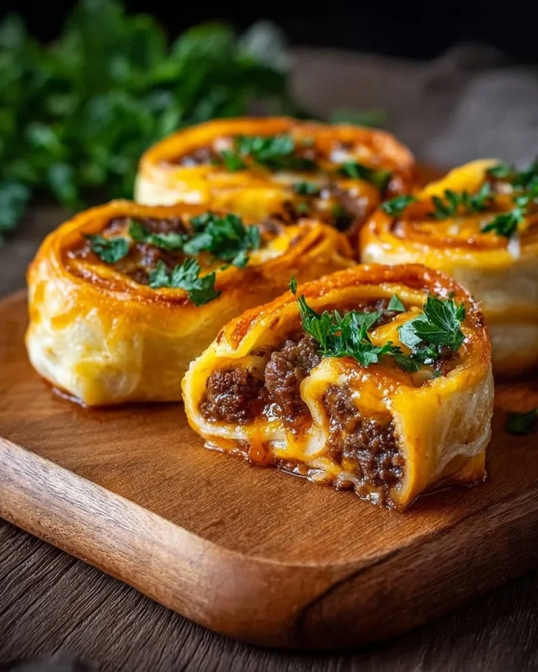 Garlic butter beef cheeseburger rollups served on a plate with fresh ingredients.