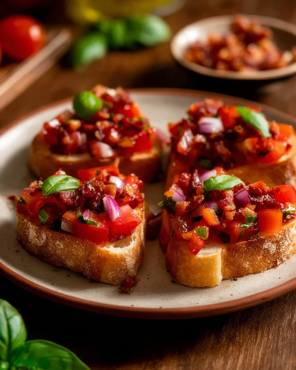 Heart-shaped bruschetta topped with fresh ingredients and herbs