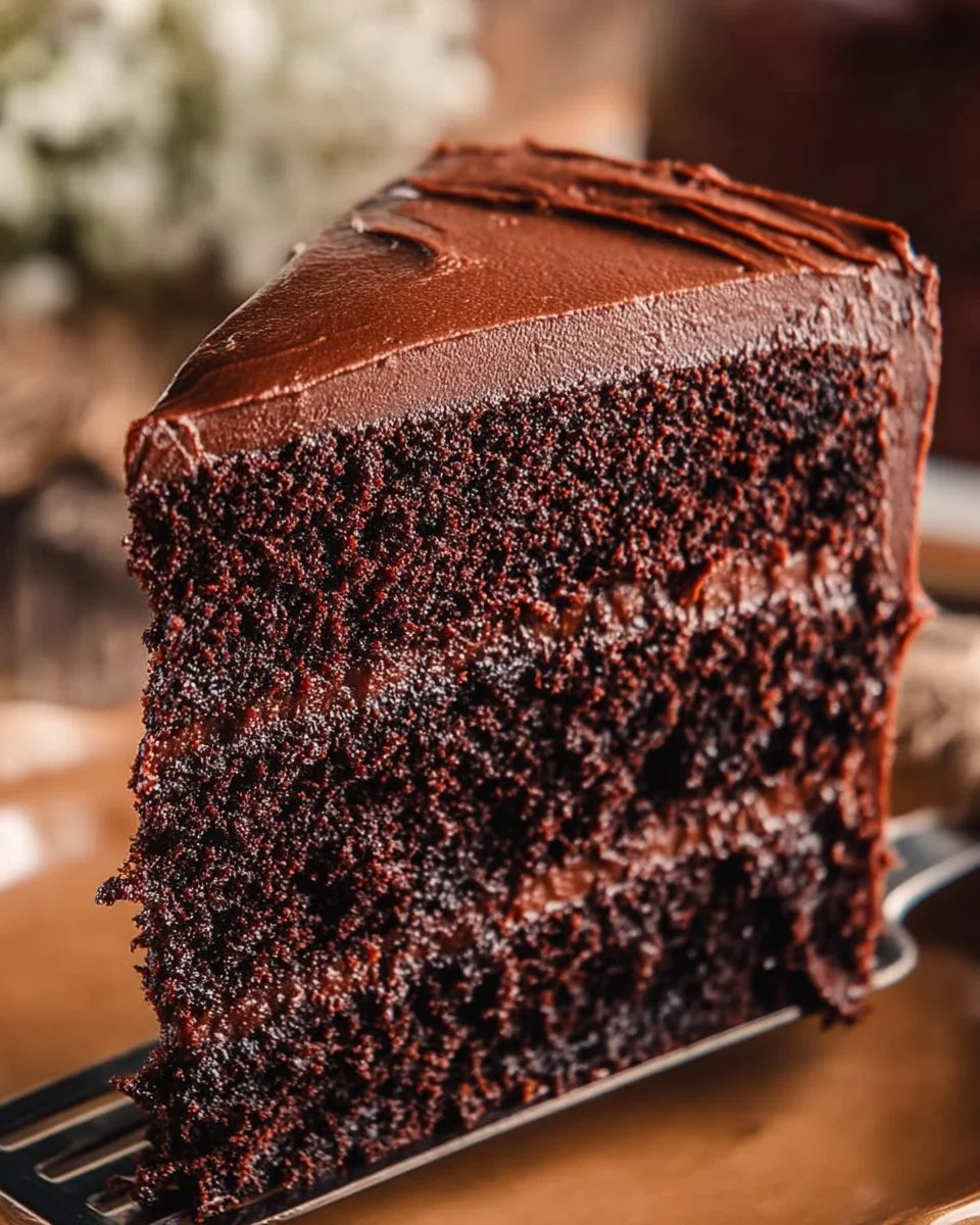 Delicious Hershey's chocolate cake topped with creamy chocolate frosting