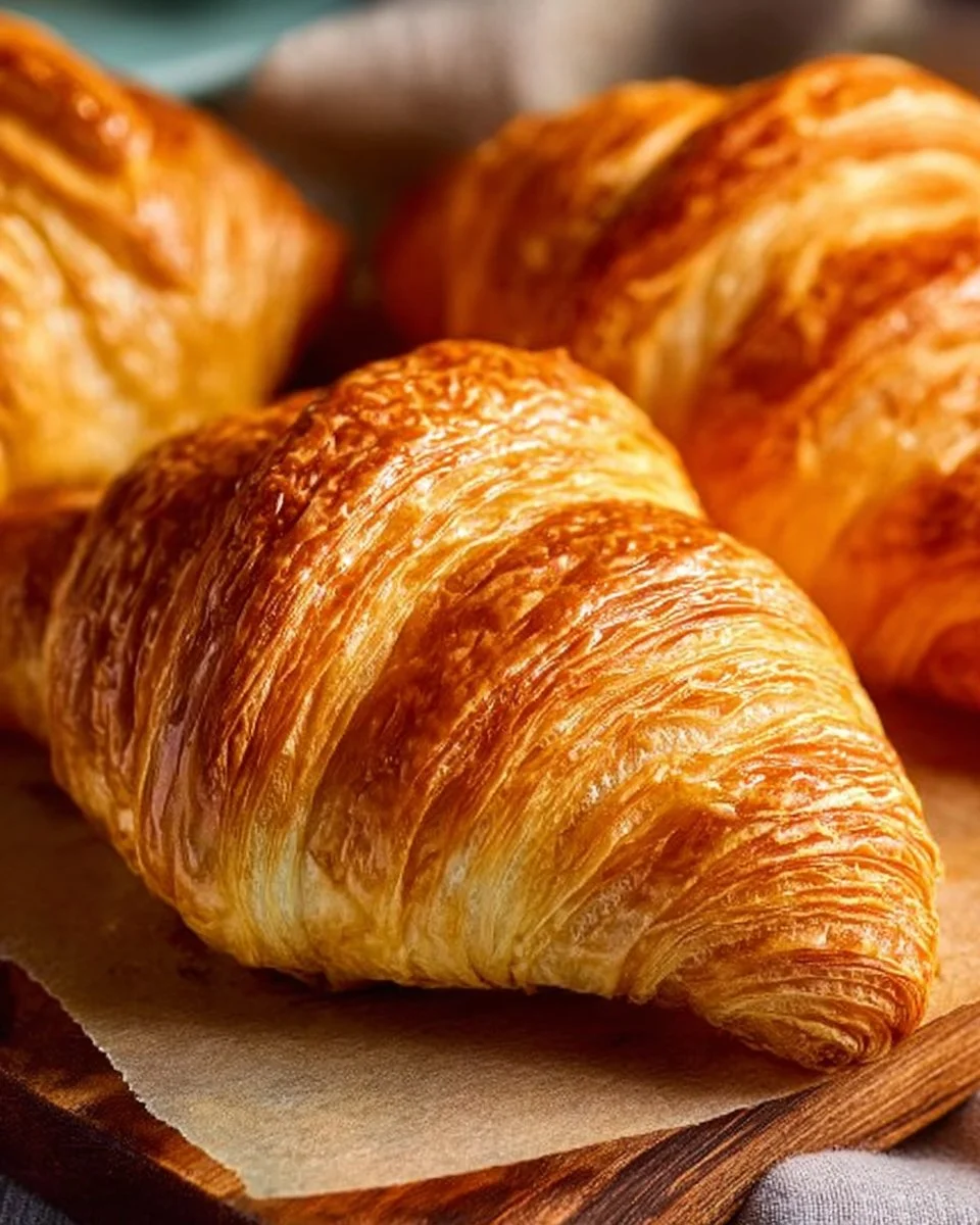 Freshly baked homemade croissants on a wooden table