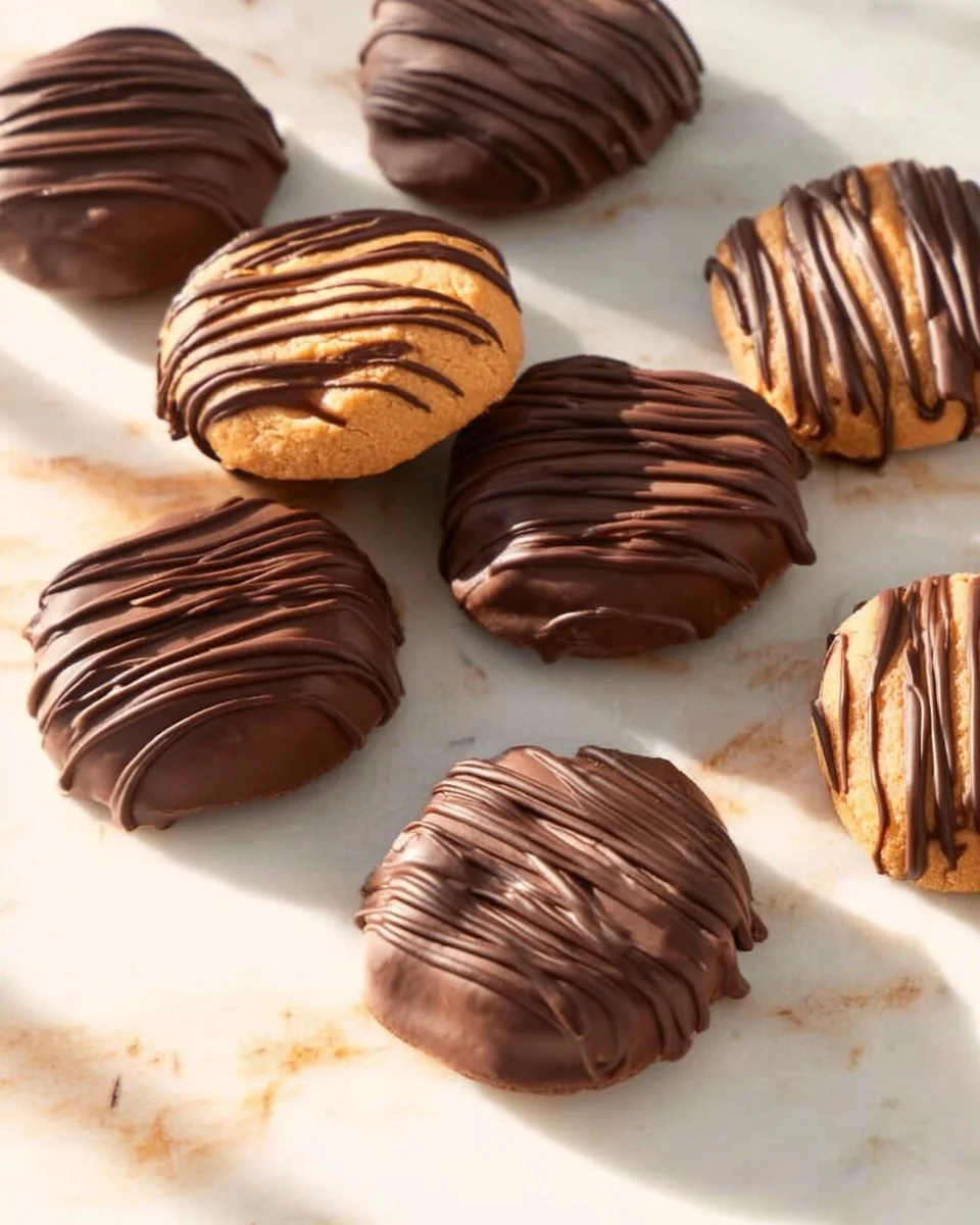 Homemade healthy peanut butter eggs on a plate with chocolate coating