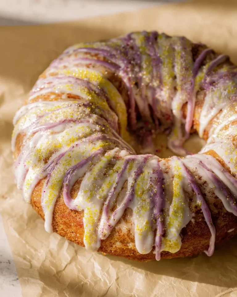 Homemade sourdough king cake decorated for Mardi Gras celebration
