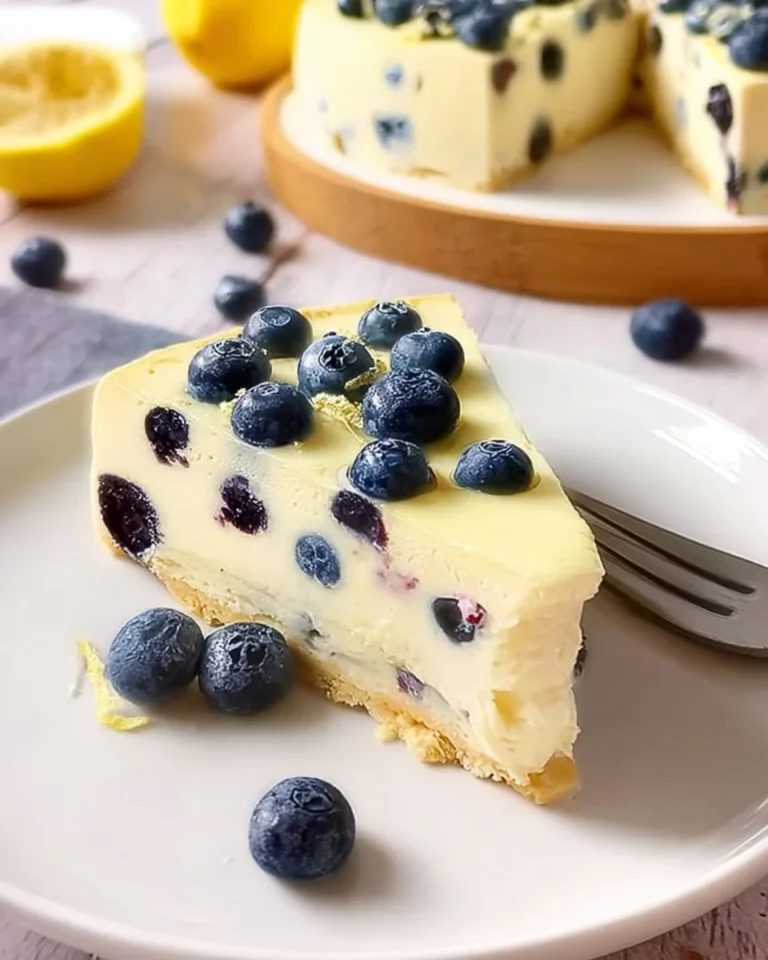 No bake lemon blueberry cheesecake topped with fresh berries