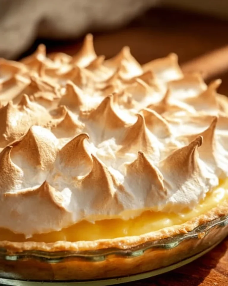 Delicious lemon meringue pie with fluffy meringue on top and a golden crust.