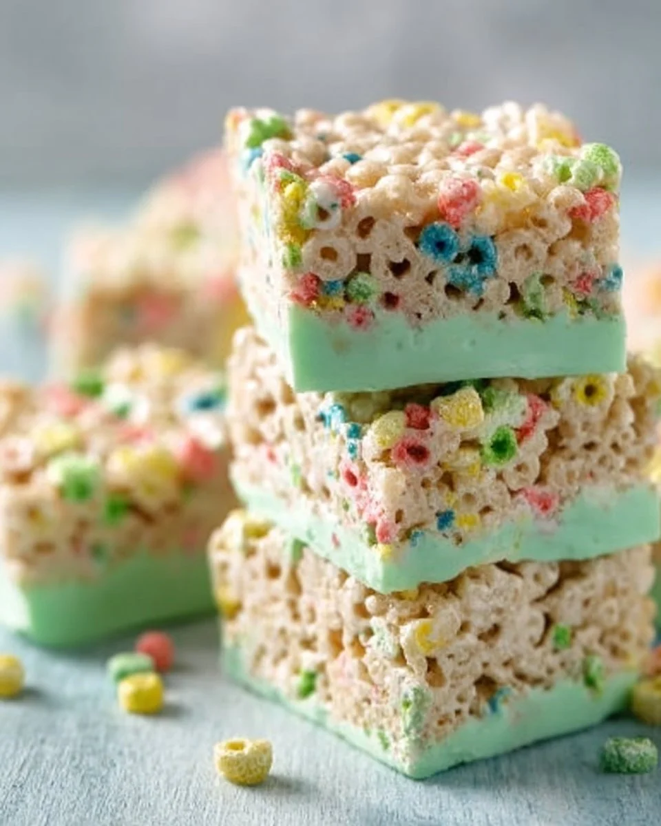Colorful Lucky Charms Treats made with marshmallows and cereal.