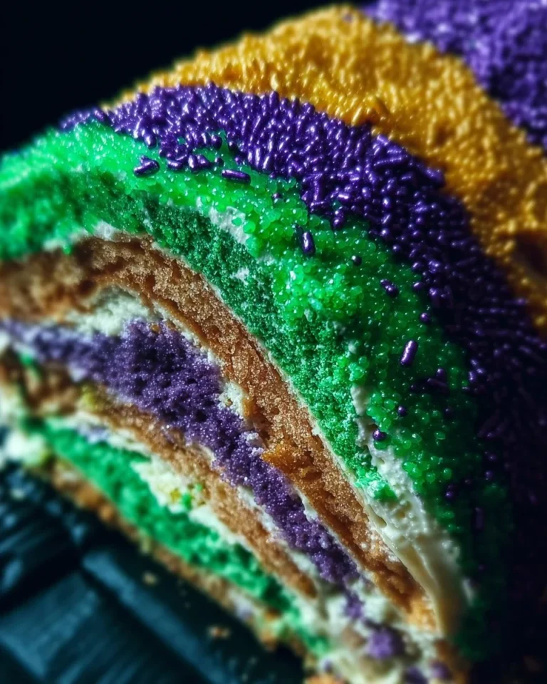 Colorful Mardi Gras King Cake with traditional decorations and sugar toppings.