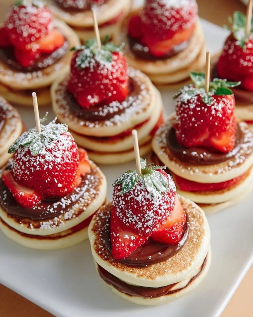 Mini Nutella pancake stacks stacked on a plate decorated with chocolate syrup and fruits