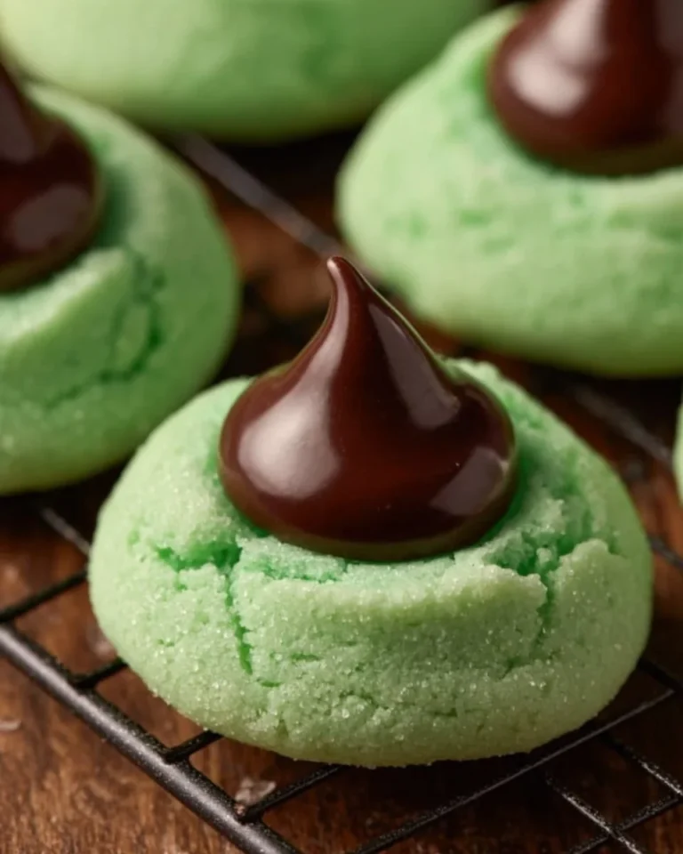 Freshly baked Mint Kiss Cookies topped with chocolate mint candies