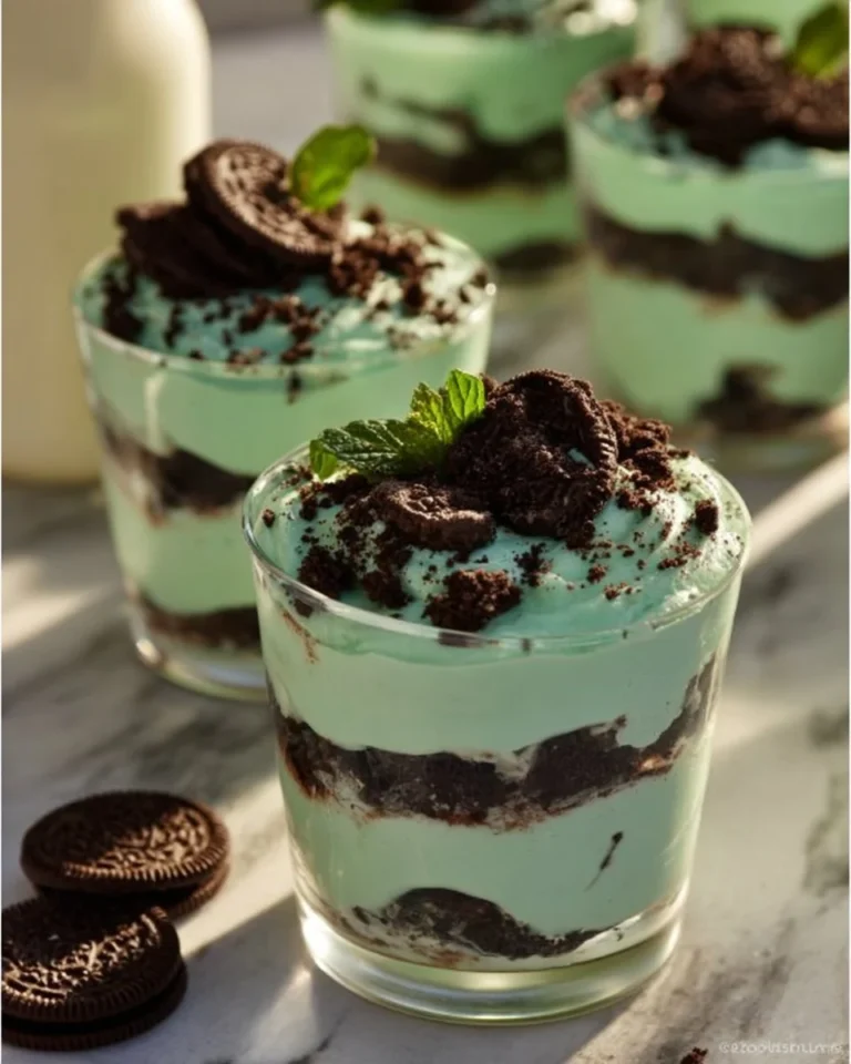 Delicious Mint Oreo Parfaits layered with cream and Oreos