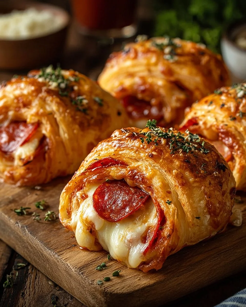 Delicious mozzarella pepperoni croissant rolls baked to perfection.
