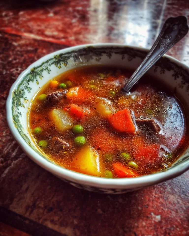 A bowl of homemade vegetable beef soup with fresh vegetables and tender beef.