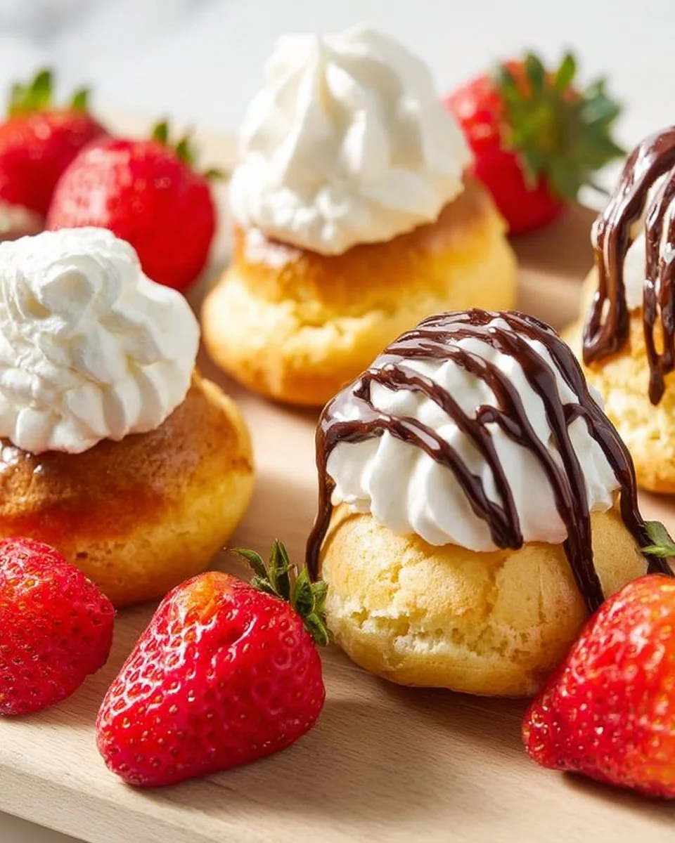 Delicious old fashioned cream puffs filled with custard and chocolate topping.
