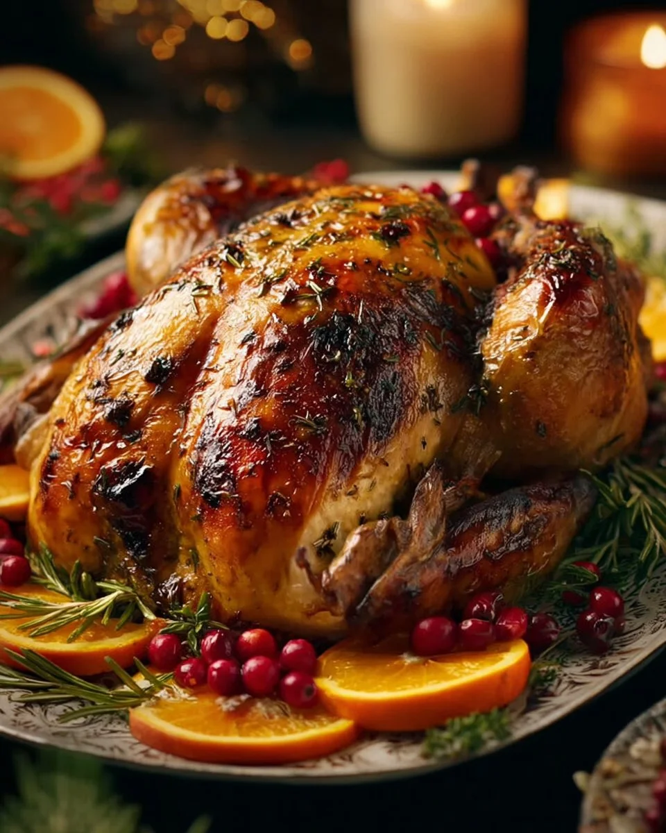 Juicy orange herb roasted chicken served with fresh herbs and citrus slices.