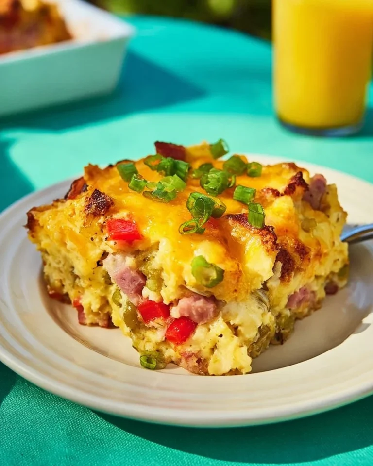 Delicious overnight cheesy breakfast casserole ready to serve