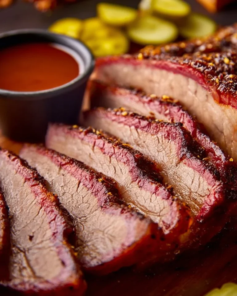 Deliciously smoked brisket served on a wooden cutting board.