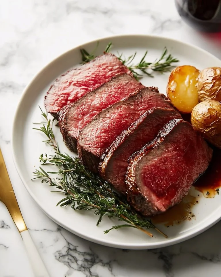Perfectly roasted beef tenderloin served on a elegant plate