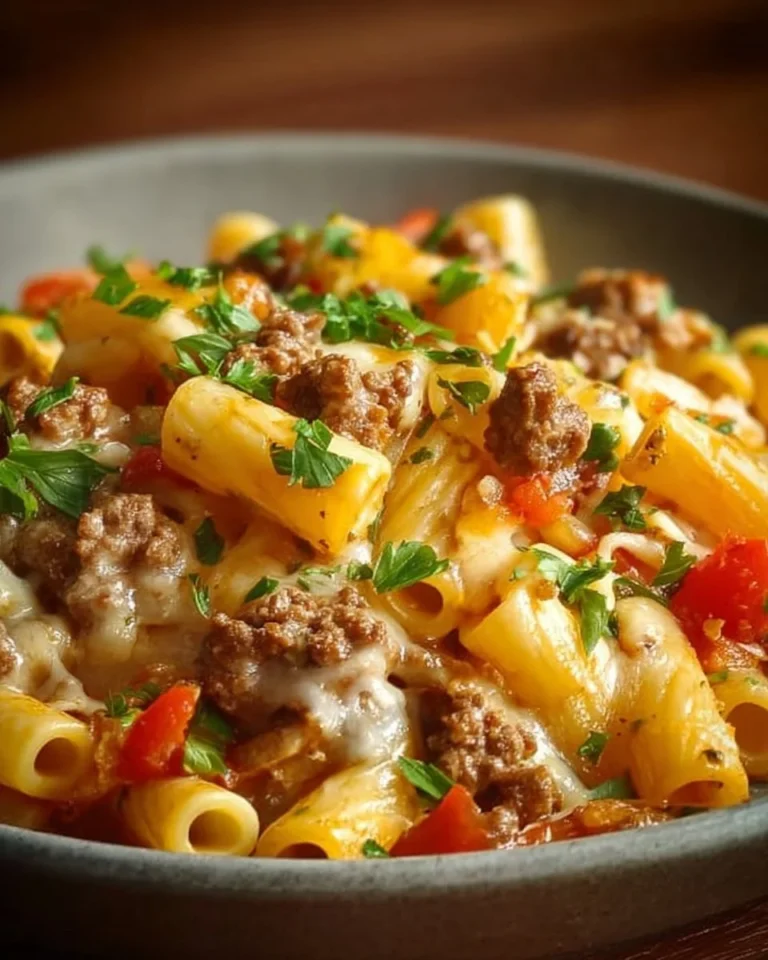 Philly Cheesesteak Pasta garnished with herbs and cheese