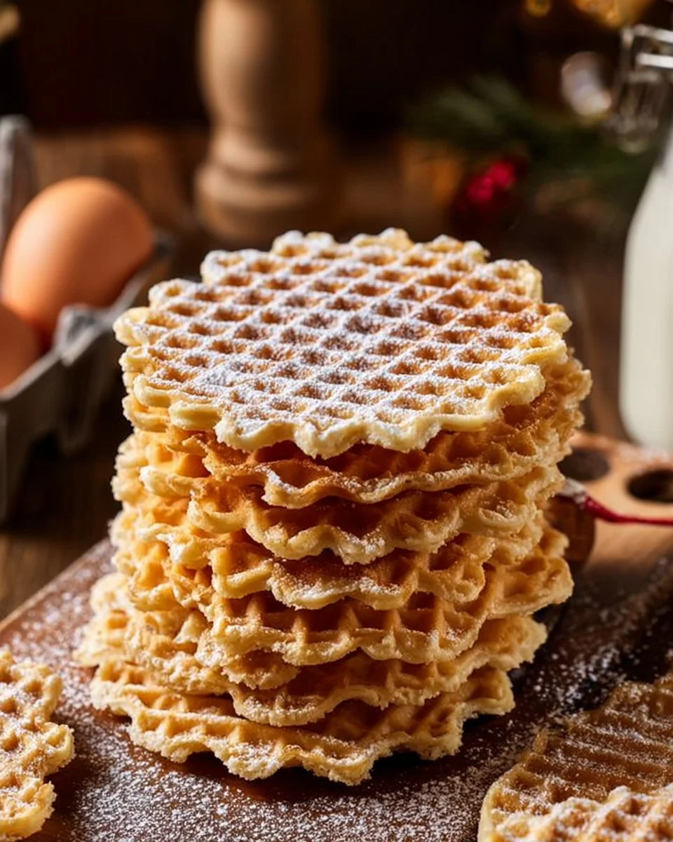 Freshly made pizzelle cookies on a plate, showcasing classic Italian waffle design.