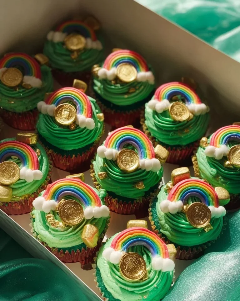 Colorful rainbow cupcakes topped with fluffy frosting and sprinkles.