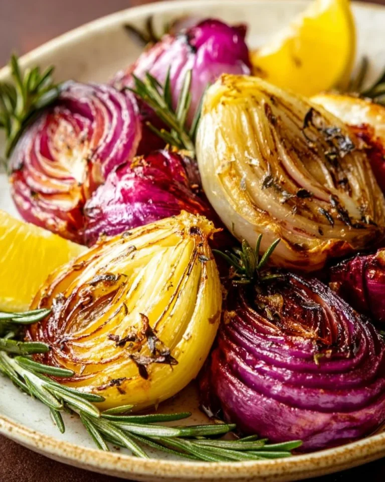 Oven roasted onions served on a plate, garnished elegantly.