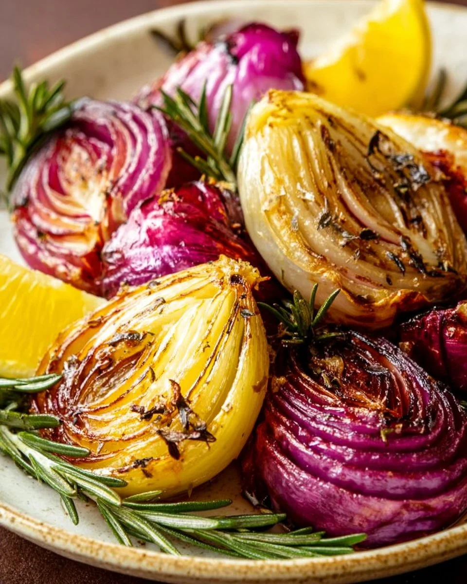 Oven roasted onions served on a plate, garnished elegantly.