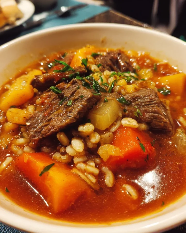 Bowl of slow cooker beef barley stew garnished with herbs