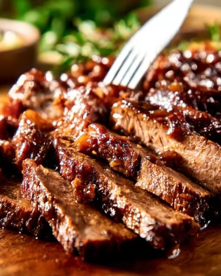 Slow cooker beef brisket with homemade barbecue sauce served on a platter.