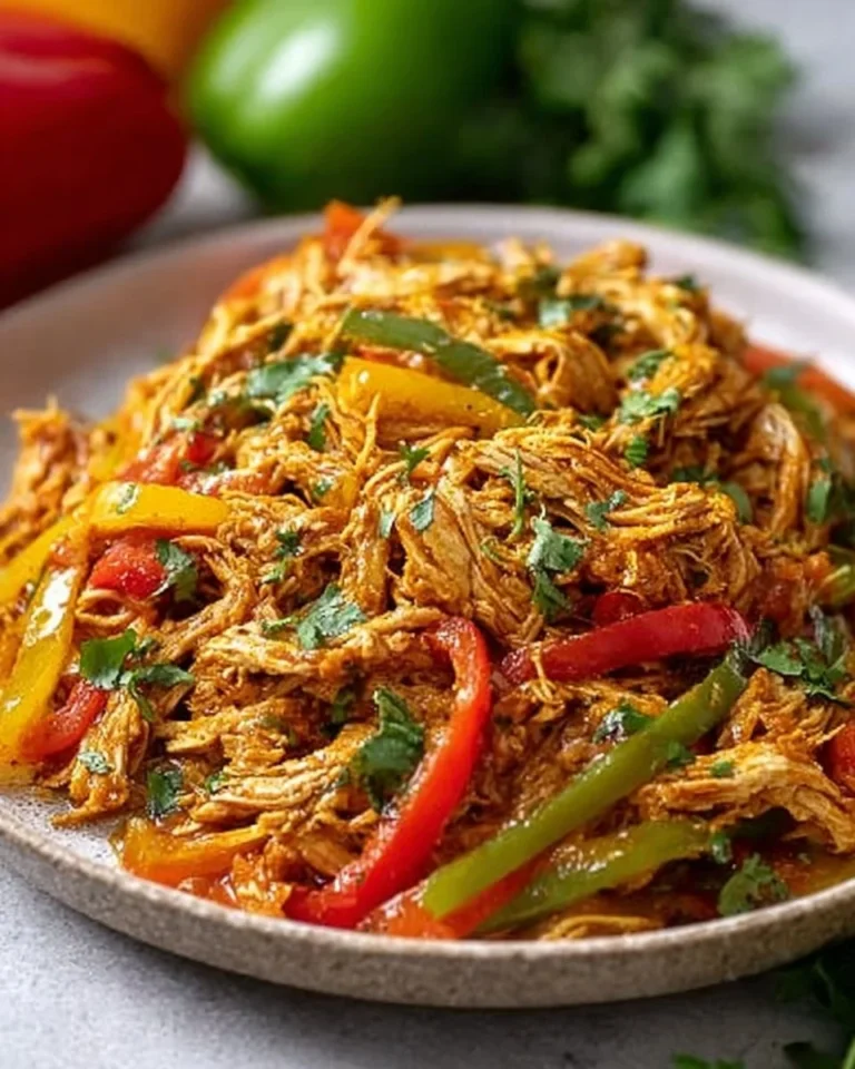 Slow cooker chicken fajitas with chicken, bell peppers, and spices in a bowl