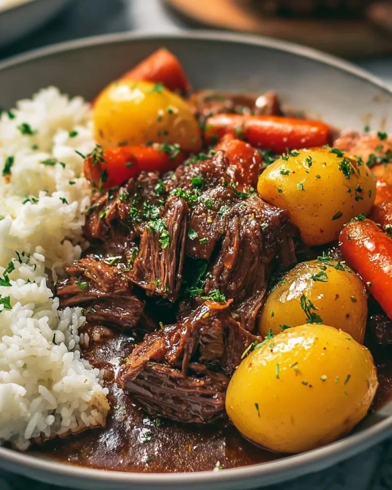 Delicious Southern Braised Pot Roast served with vegetables and gravy