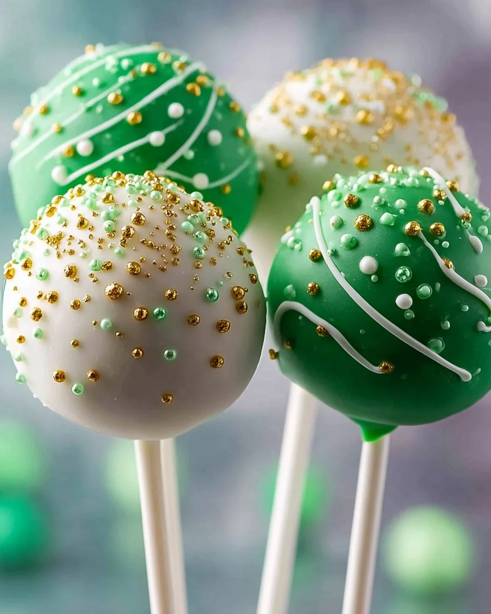Delicious St. Patrick's Day cake pops decorated with green and gold colors.
