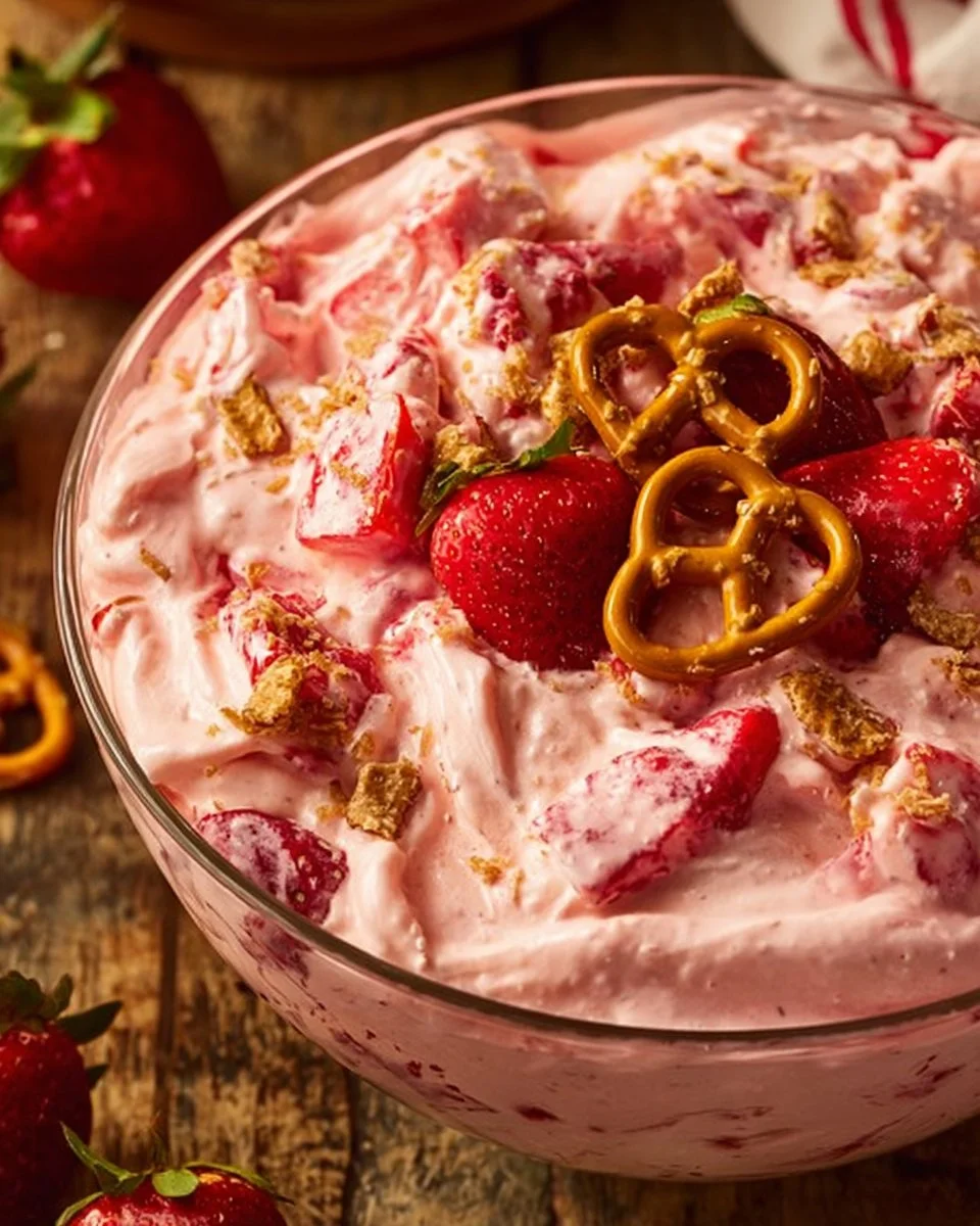 Strawberry Cheesecake Salad with Pretzels in a bowl, topped with fresh strawberries.