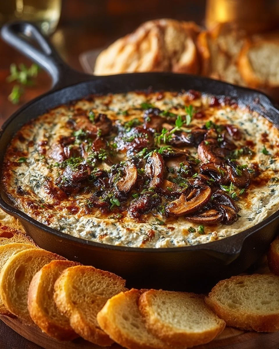 Delicious stuffed mushroom dip served in a bowl, perfect for appetizers.