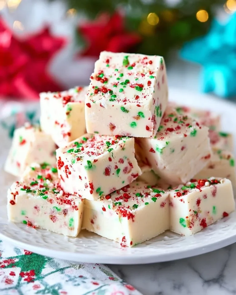 A delicious plate of homemade sugar cookie fudge topped with festive sprinkles.