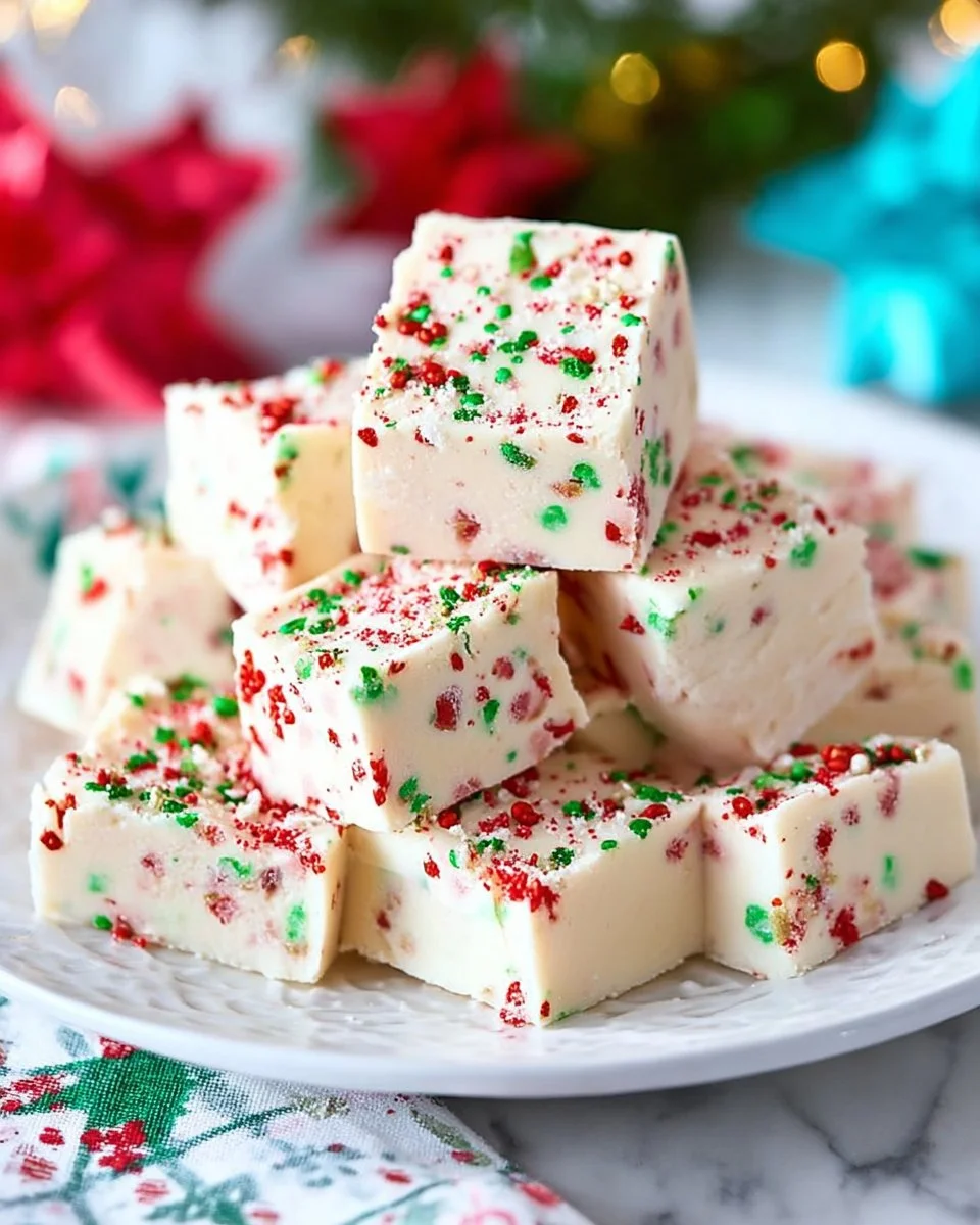 A delicious plate of homemade sugar cookie fudge topped with festive sprinkles.