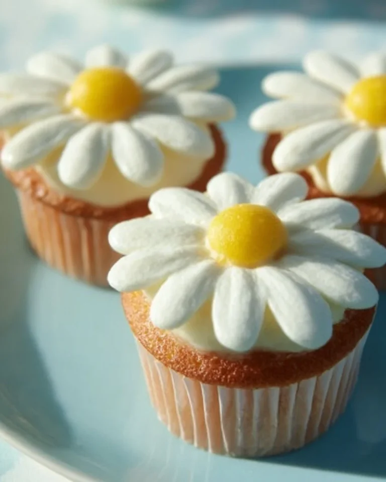 Plate of super cute daisy cupcakes decorated with vibrant flowers