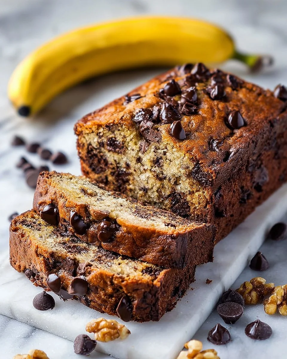 Moist chocolate chip banana bread freshly baked and sliced