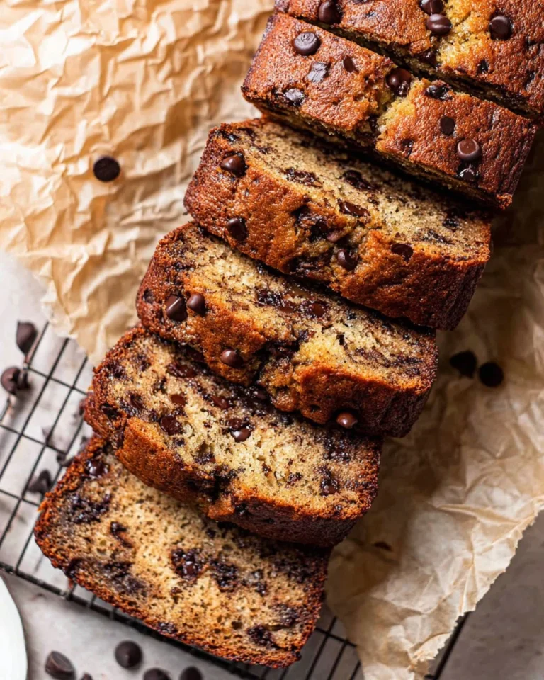 Super moist chocolate chip banana bread loaf with chocolate chunks and bananas
